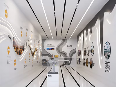 Modern Exhibition Hall Interior Design With White Walls Wavy Lines And Ceiling Lighting 3d model