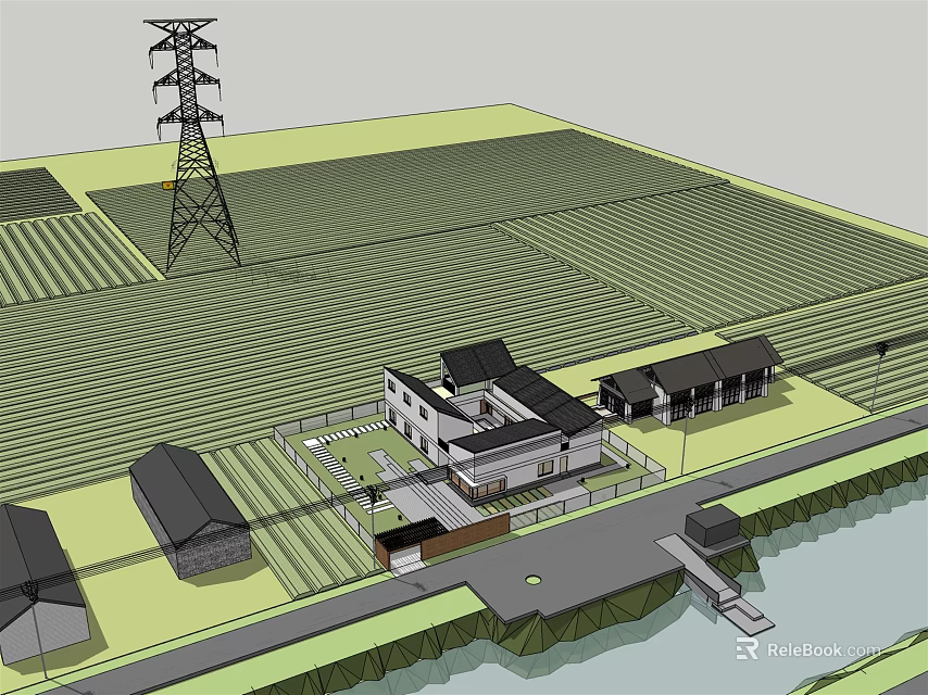 Rural Homestay Building With Farmland High Voltage Tower Small Buildings And Water Area 3d model 