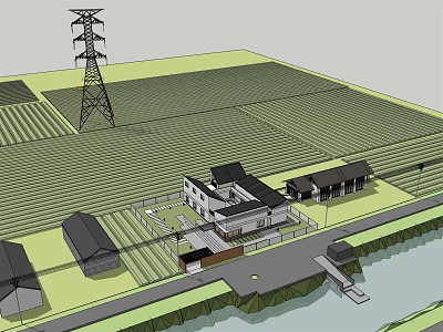 Rural Homestay Building With Farmland High Voltage Tower Small Buildings And Water Area 3d model