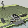 Rural Homestay Building With Farmland High Voltage Tower Small Buildings And Water Area