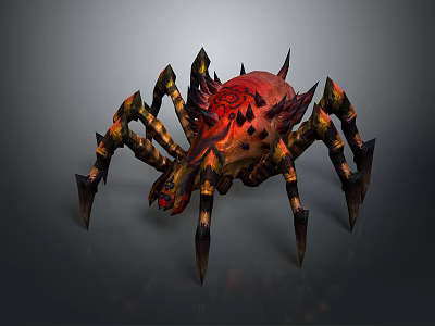 Fantasy Game Character And Red Black Spiked Spider Creature With Sharp Legs Design 3d model
