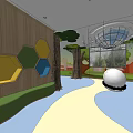 Warm Store Front Desk With Wooden Walls Colorful Decor And Curved Path