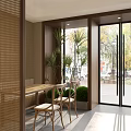 Modern Restaurant Interior Design With Wooden Tables Chairs Hanging Lights Large Windows And Green Plants