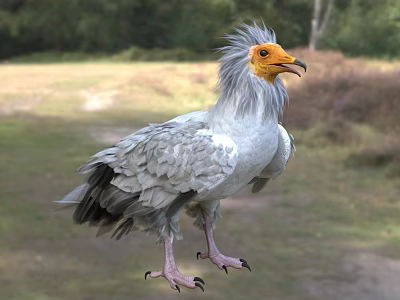 Griffon Vulture Featuring Grey Feathers And Yellow Head Standing On Natural Grassy Field With Trees 3d model