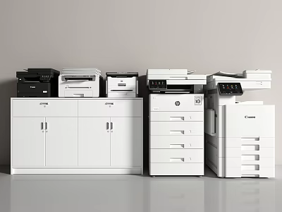 Different Types of Office Printers And Multifunction Devices With Storage Cabinets 3d model