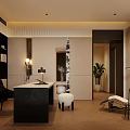 Modern Study Room Interior With Black Desk Chair White Stool Floor Lamp And Green Plant