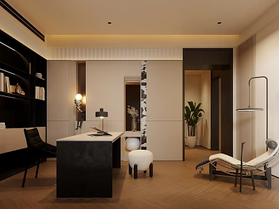 Modern Study Room Interior With Black Desk Chair White Stool Floor Lamp And Green Plant 3d model