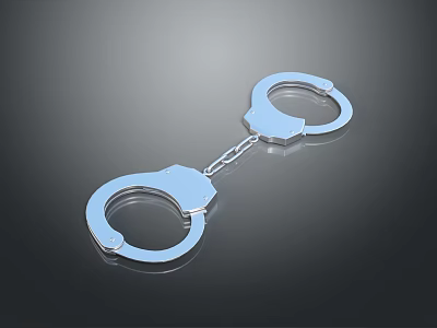 Shiny Silver Handcuffs With Chain Link On Dark Reflective Background 3d model