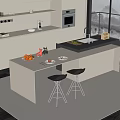 Modern Kitchen Island Bar Counter With Fruit Plates Utensils And Black Bar Stools