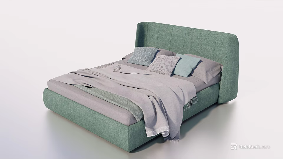 Modern Green Double Bed With Gray Bedding Multiple Pillows And Throw Blanket 3d model