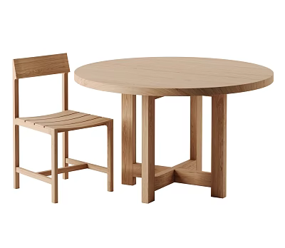 Round Wooden Outdoor Table With Simple Design And Matching Wooden Chair 3d model