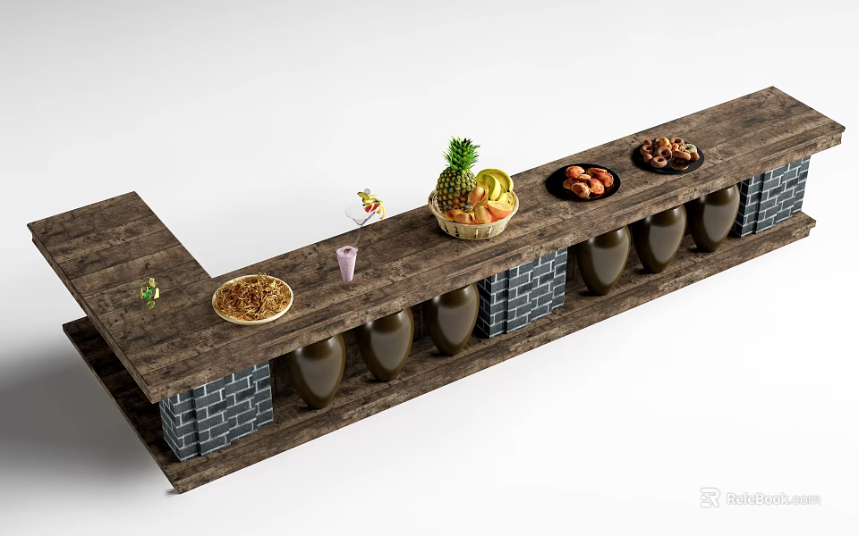 Rustic Wooden Bar Counter With Fruit Basket Nuts Drinks And Brick Base 3d model 