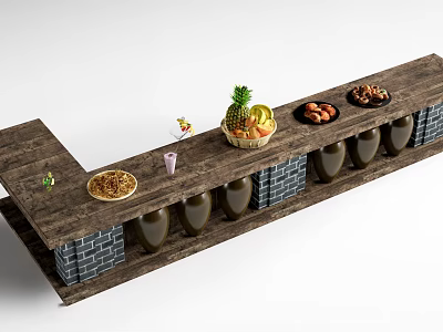 Rustic Wooden Bar Counter With Fruit Basket Nuts Drinks And Brick Base 3d model