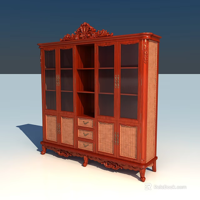 Traditional Wooden Bookcase With Carved Details Glass Doors Drawers And Rattan Panels 3d model 