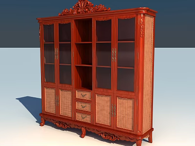 Traditional Wooden Bookcase With Carved Details Glass Doors Drawers And Rattan Panels 3d model