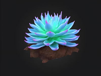 Vibrant Turquoise And Purple Gradient Succulent Plant On Brown Base Against Black Background 3d model