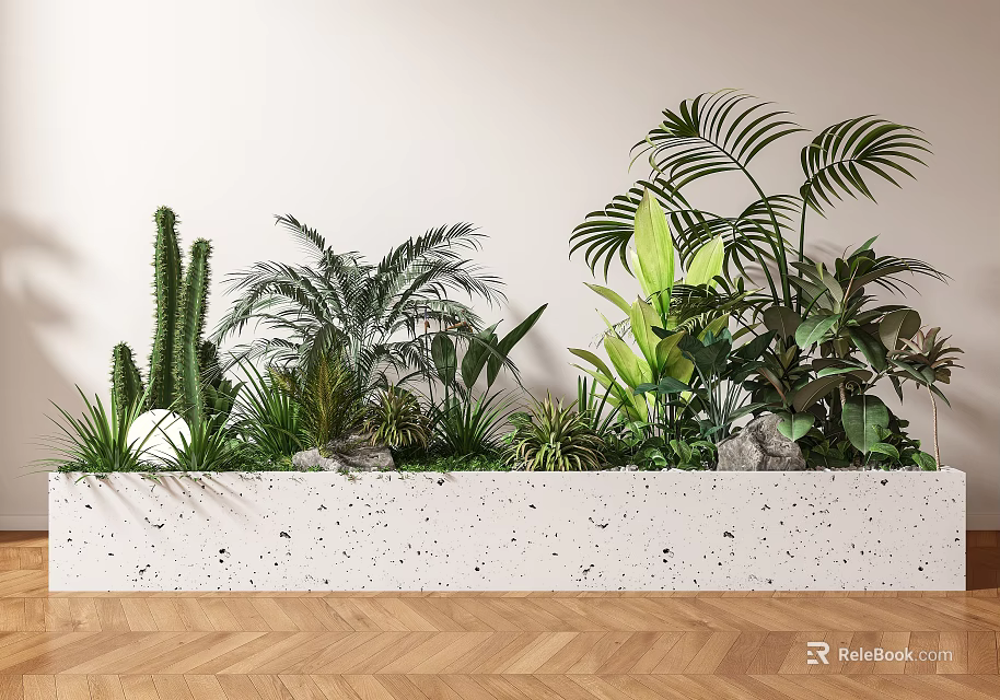Indoor Potted Plants in White Speckled Terrazzo Planter with Cactus Palm Leaves and Green Foliage 3d model 