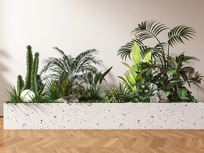 Indoor Potted Plants in White Speckled Terrazzo Planter with Cactus Palm Leaves and Green Foliage 3d model