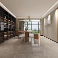 Modern Minimalist Restaurant Interior With Wooden Long Table White Decor And Green Plant