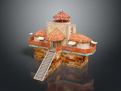 Cartoon Building Scene With Red Tiled Roofs Balconies Wooden Staircase And Stone Base 3d model