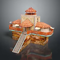 Cartoon Building Scene With Red Tiled Roofs Balconies Wooden Staircase And Stone Base