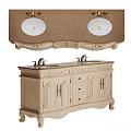 Elegant Classic Bathroom Vanity With Double Sink Carved Details Drawers And Wooden Cabinets