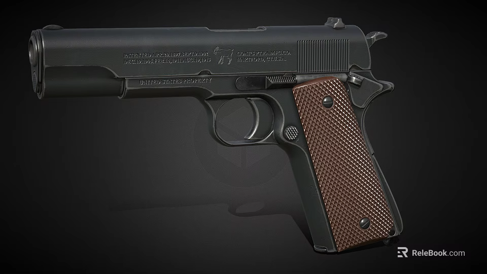 Classic Semi Automatic Pistol With Black Metal Frame Brown Checkered Grip And Detailed Design 3d model 