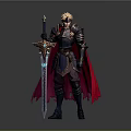 3D Rendered Knight In Black Armor With Red Cape And Blue Glow Sword Standing Upright