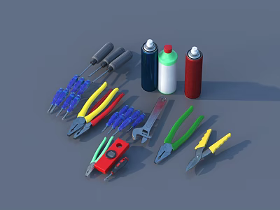 Assorted Hardware Tools Including Screwdrivers Pliers Wrench And Colorful Glue Cans On Gray Background 3d model