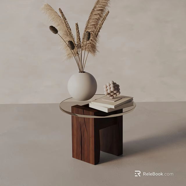 Modern Side Table With Wooden Base And Glass Top Featuring White Vase And Stacked Books 3d model 