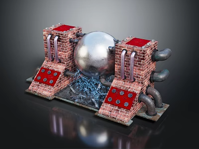 Industrial Equipment Setup Featuring Brick Bases Metal Sphere Red Panels Pipes And Chains 3d model