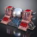 Industrial Equipment Setup Featuring Brick Bases Metal Sphere Red Panels Pipes And Chains