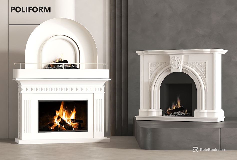 Elegant White Fireplaces With Flames And Decorative Details In Modern Interior 3d model 