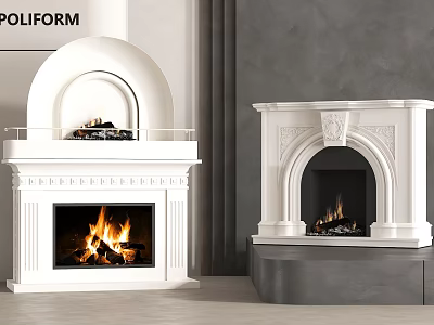 Elegant White Fireplaces With Flames And Decorative Details In Modern Interior 3d model