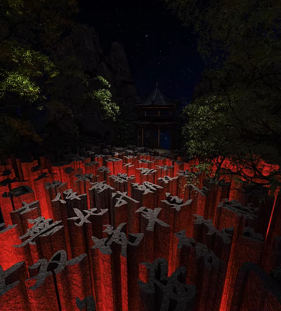 Traditional Ancient Chinese Pavilion Night View With Starry Sky Red Pillars And Trees 3d model