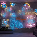 Colorful Neon Decorative Lights on Wall with Astronaut Planet Patterns in Cater Space