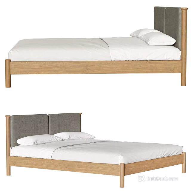 Modern Double Bed With Wooden Frame Grey Headboard And White Bedding 3d model