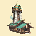 Cartoon Scene Of Detailed Wooden Building With Green Roof White Stone Tower And Smoking Chimney