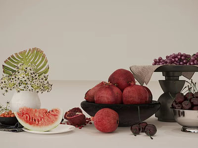 Fresh Assorted Fruits with Sliced Watermelon Halved Pomegranates Grapes and Green Leaf Decor 3d model