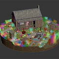Cartoon Scene With Log Cabin Gray Roof Green Vines Yard Campfire Blue Car And Figures