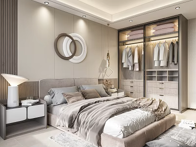 Modern Bedroom Interior Design With Gray Beige Bedding Open Wardrobe And Round Decorative Wall Art 3d model