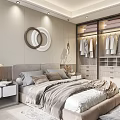 Modern Bedroom Interior Design With Gray Beige Bedding Open Wardrobe And Round Decorative Wall Art