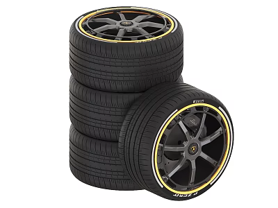 Stacked High Performance Tires with Black Wheels and Yellow Accents 3d model