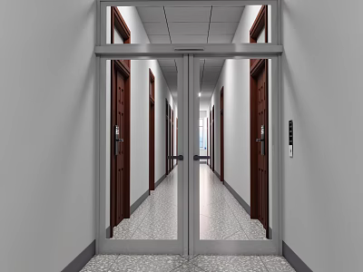 Modern Office Corridor Interior With Double Doors Side Doors Tile Flooring And White Ceiling 3d model