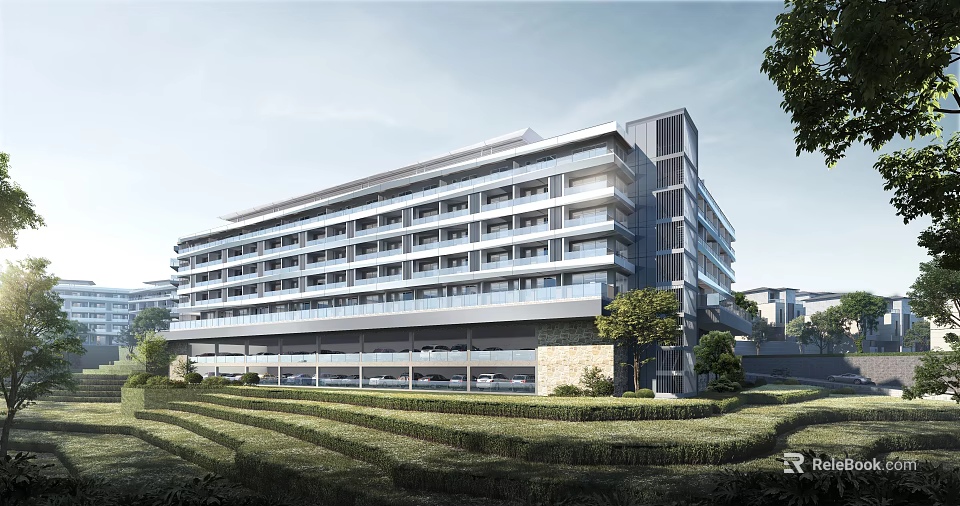 Modern Multi Storey Office Building Featuring Glass Facade Landscaped Garden And Trees 3d model 
