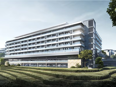 Modern Multi Storey Office Building Featuring Glass Facade Landscaped Garden And Trees 3d model