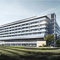Modern Multi Storey Office Building Featuring Glass Facade Landscaped Garden And Trees