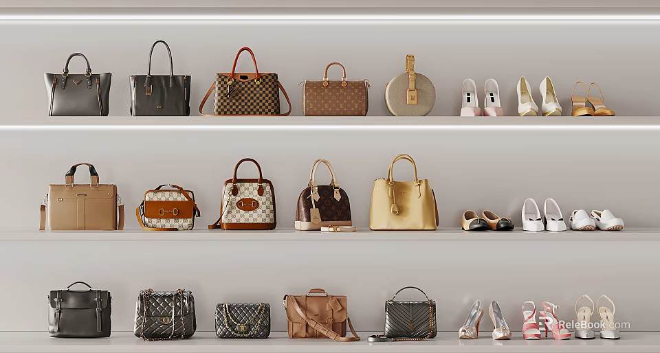 Elegant Designer Handbags Display On Shelves With Various Styles Colors And Shoes 3d model 