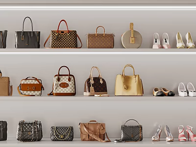 Elegant Designer Handbags Display On Shelves With Various Styles Colors And Shoes 3d model