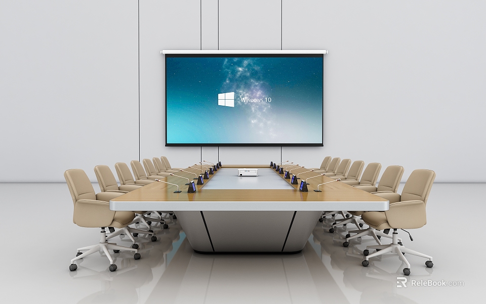 Modern Conference Table With Beige Office Chairs And Large Display Screen 3d model 